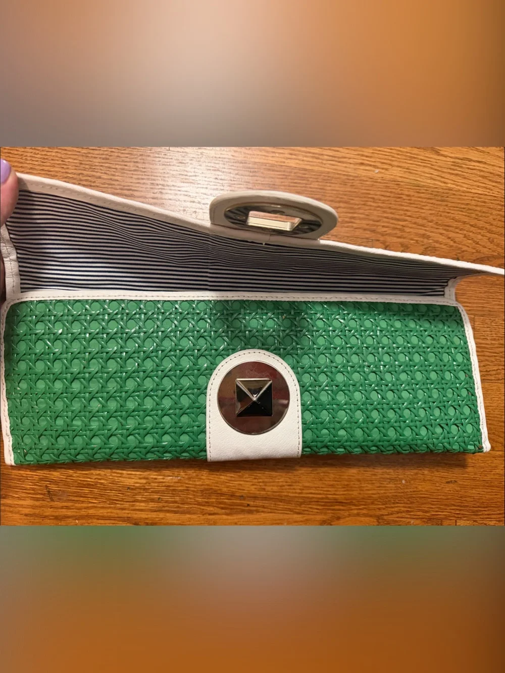 Kate Spade Green Woven Clutch with Cream Trim and Turn Lock